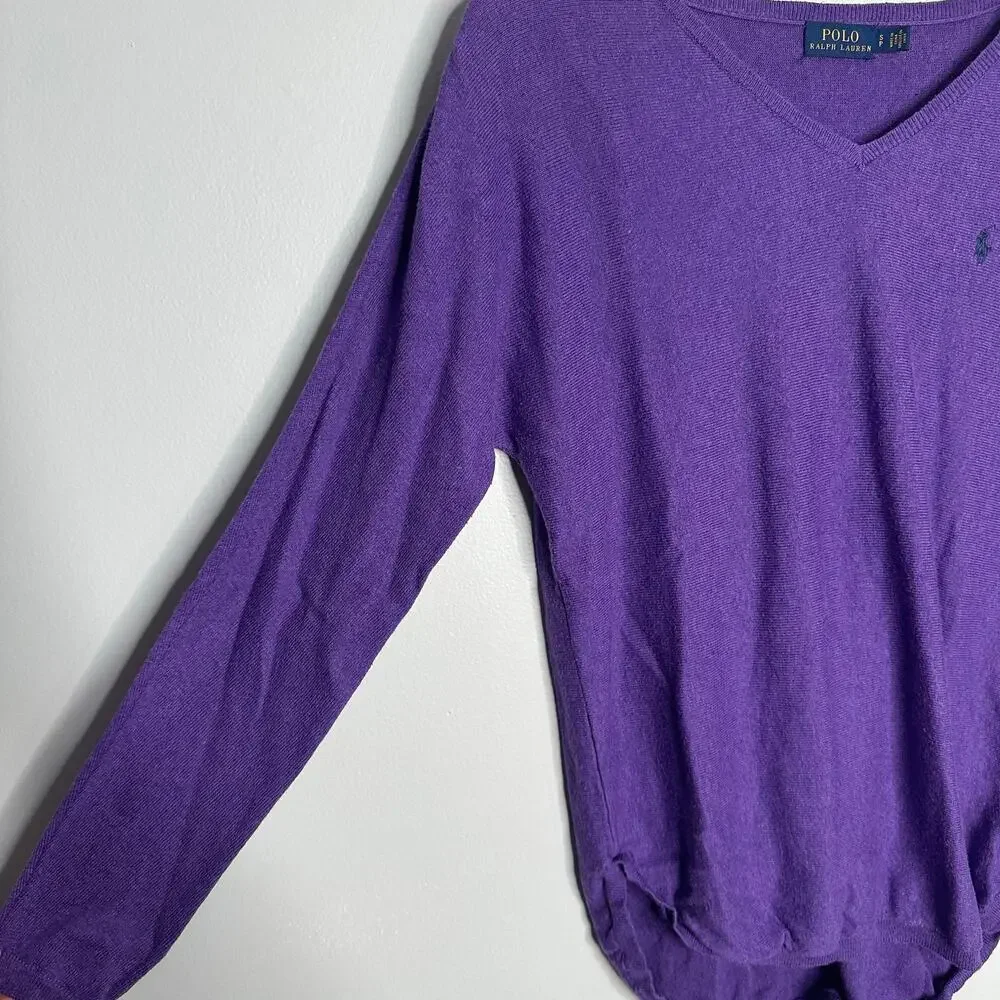 Polo‎ Ralph Lauren V-Neck Sweater Women Small Purple EUC Cotton Blend Pony Logo